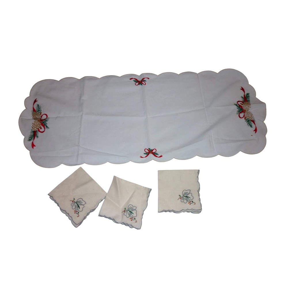 Vintage Christmas Table Runner and Napkins Set Embroidered Pinecones Scalloped